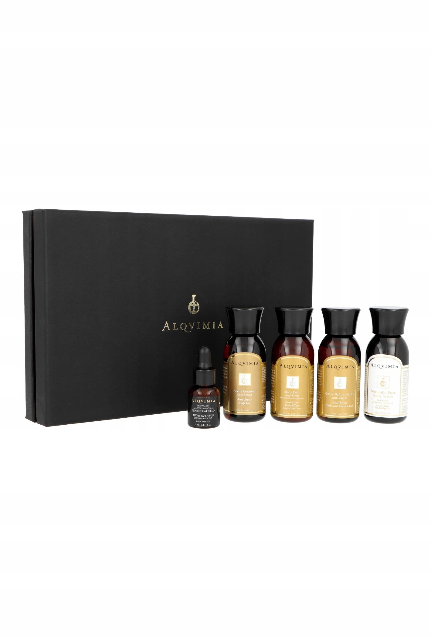 Alqvimia Supreme Beauty &amp; Spa Experience Calm kit: anti-stress body oil 30ml + anti-stress body elixir 30ml + anti-stress bubble bath 30ml + naturally pure body scrub 30ml + spirituality essential oil preparation 5ml