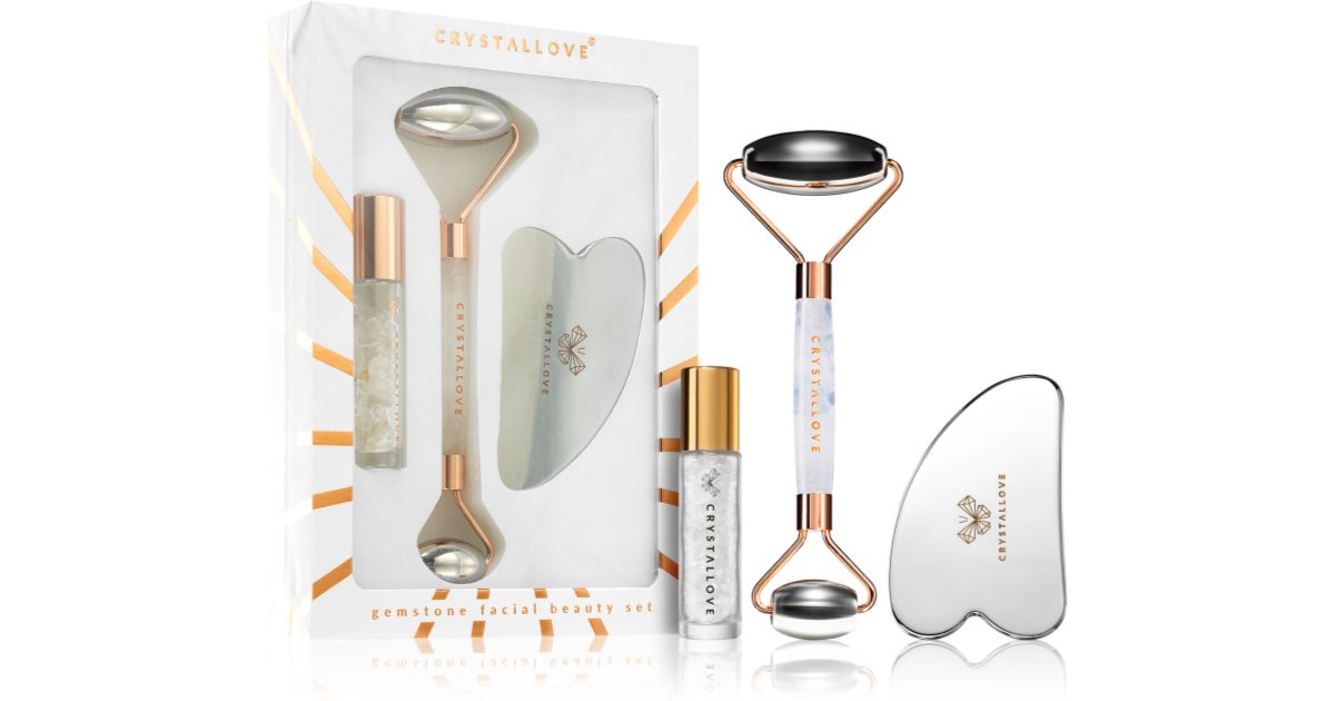 Crystallove Cryo Ice Beauty Set for smooth skin massage roller + massage tools + Rock Crystal Bottle for Essential Oil roll-on