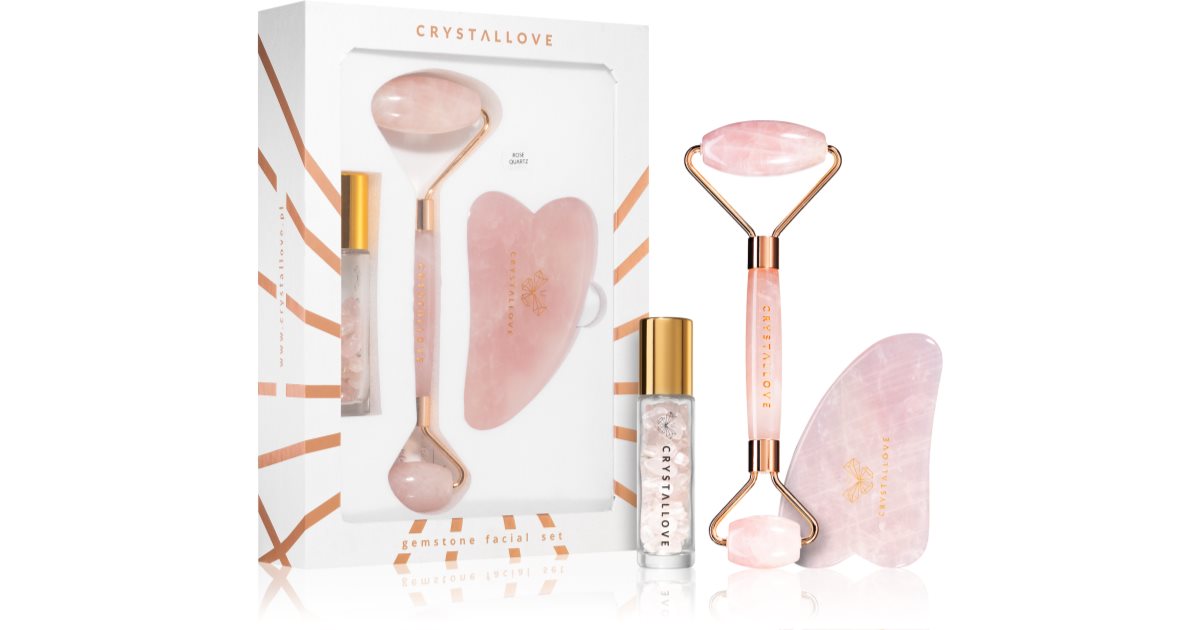 Crystallove Rose Quartz Beauty Set Facial Care Kit Gua Sha Plate Massage Tools + Roller Facial Massage Roller + Refillable Crystal Roll-on 10ml