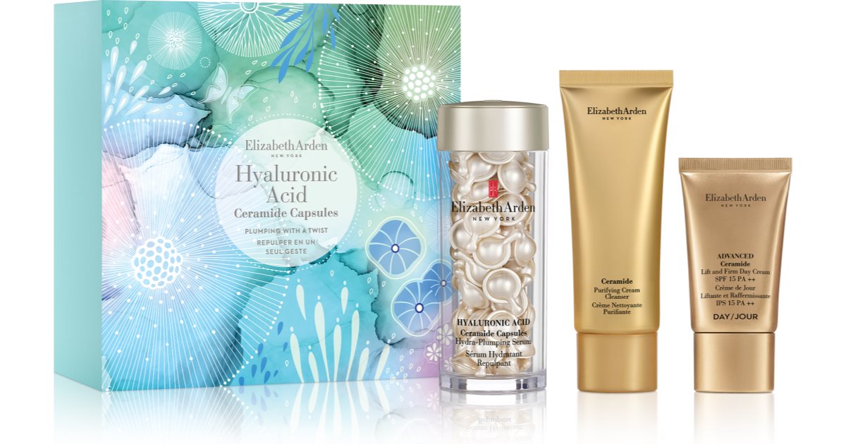 Elizabeth Arden Hyaluronic Acid Gift Set (with Ceramides) for Women Elizabeth Arden hydrating serum in 60 capsules Elizabeth Arden cleansing cream with ceramides 50 ml + Elizabeth Arden Lifting and firming day cream SPF 15 15 ml